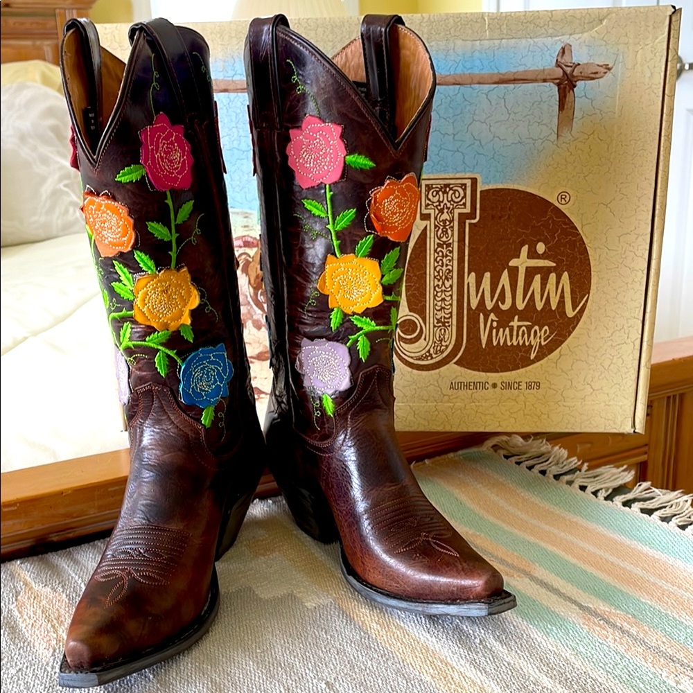 Justin Boots Brown Heeled Boots with Colorful Floral Motif.
